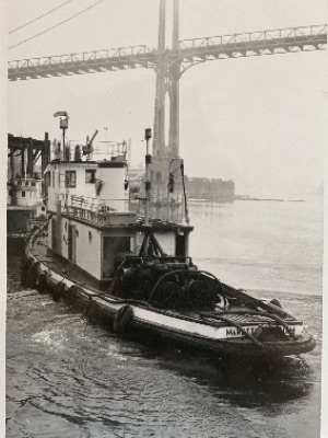black and white tugboat